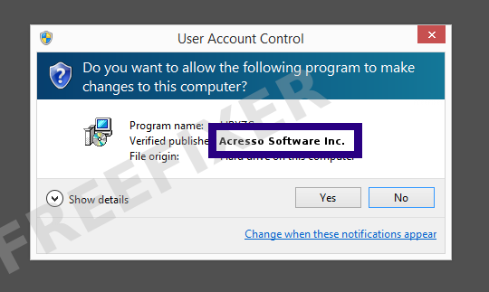 Screenshot where Acresso Software Inc. appears as the verified publisher in the UAC dialog